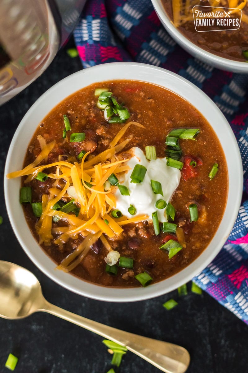 Homemade Instant Pot chili in a bowl.