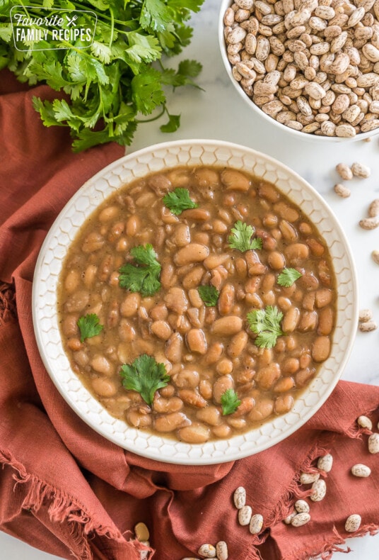A bowl of pinto beans topped with cilantro