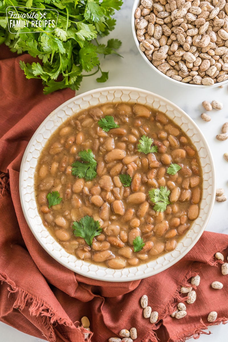 A bowl of pinto beans topped with cilantro.