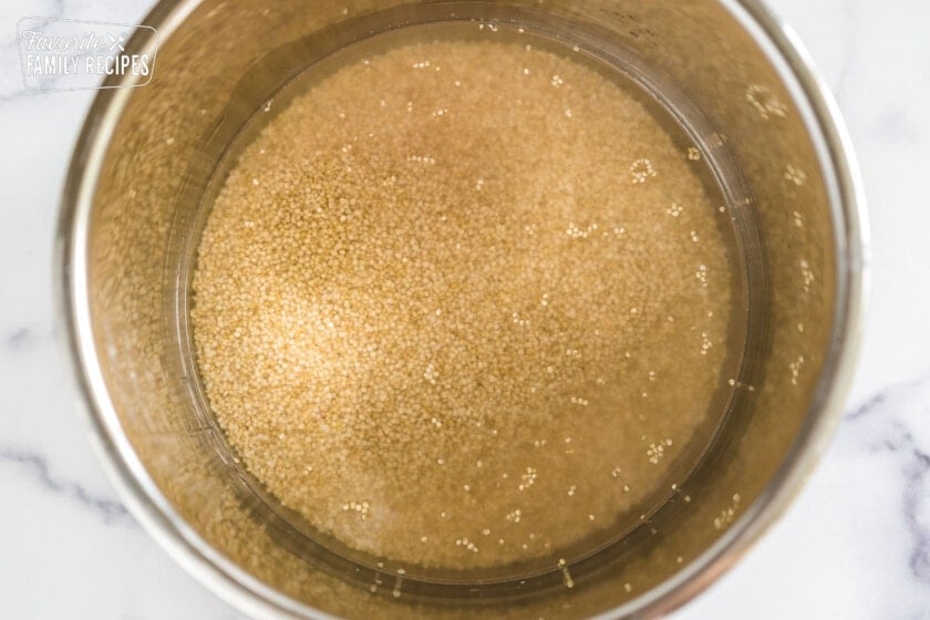 Uncooked quinoa and water in an instant pot