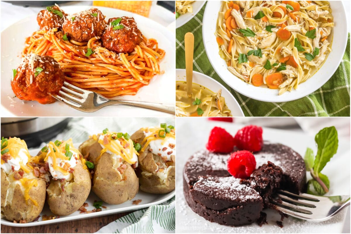 Collage of Instant Pot Recipes including meatballs, chicken noodle soup, baked potatoes, and lava cake.