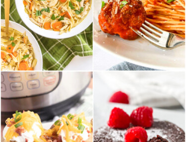 Collage of Instant Pot Recipes including meatballs, chicken noodle soup, baked potatoes, and lava cake