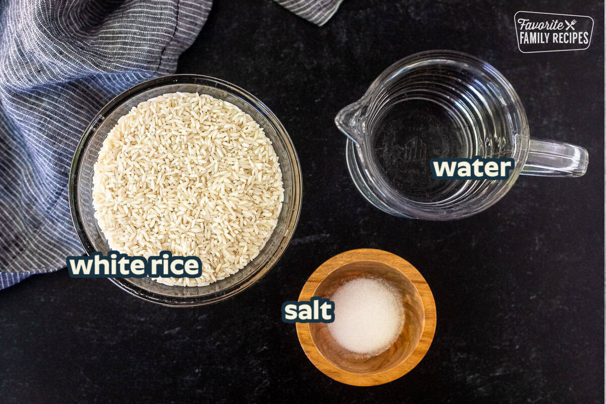 Ingredients to make instant pot rice including water, rice and salt.
