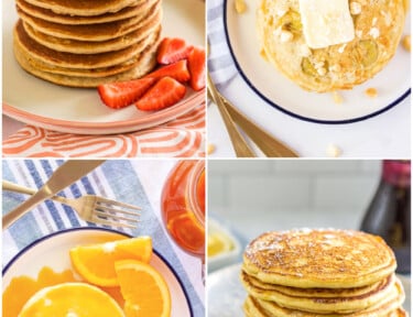 Collage of Pancake recipes including protein, banana, orange, and lemon pancakes