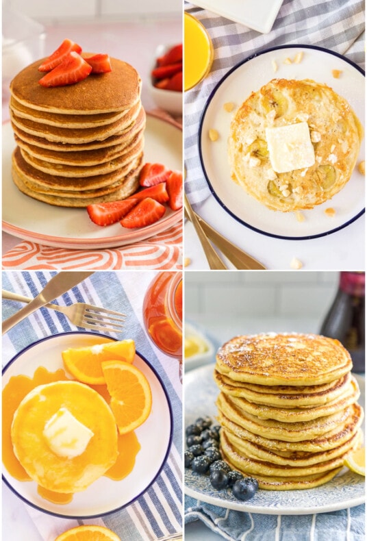 Collage of Pancake recipes including protein, banana, orange, and lemon pancakes