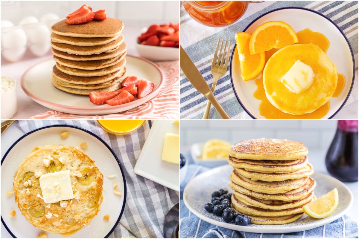 Collage of Pancake recipes including protein, banana, orange, and lemon ricotta pancakes