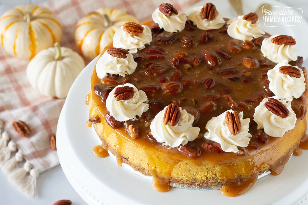 Pumpkin Cheesecake on a cake platter with caramel pecan and whipped cream.