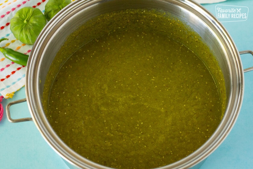 Pot of simmered Tomatillo Salsa Verde.