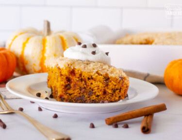 Slice of Pumpkin Coffee Cake on a plate topped with whipped cream and mini chocolate chips.