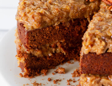 German Chocolate Cake missing a slice.