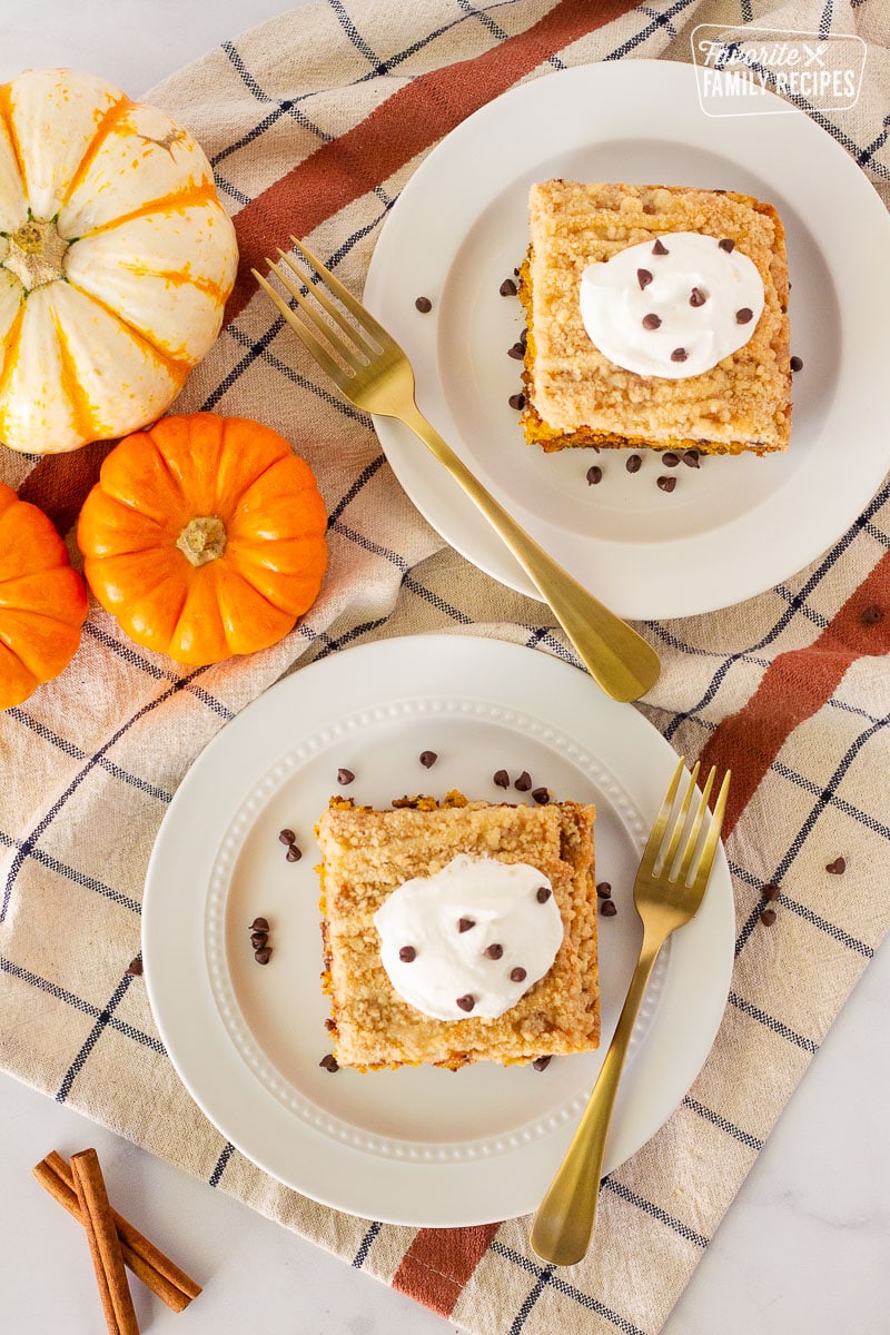 Top view of two slices of Pumpkin Coffee Cake topped with whipped cream and mini chocolate chips.