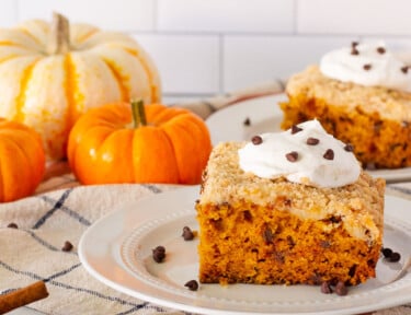 Two slices of Pumpkin Coffee Cake on plates. Both topped with whipped cream and mini chocolate chips.