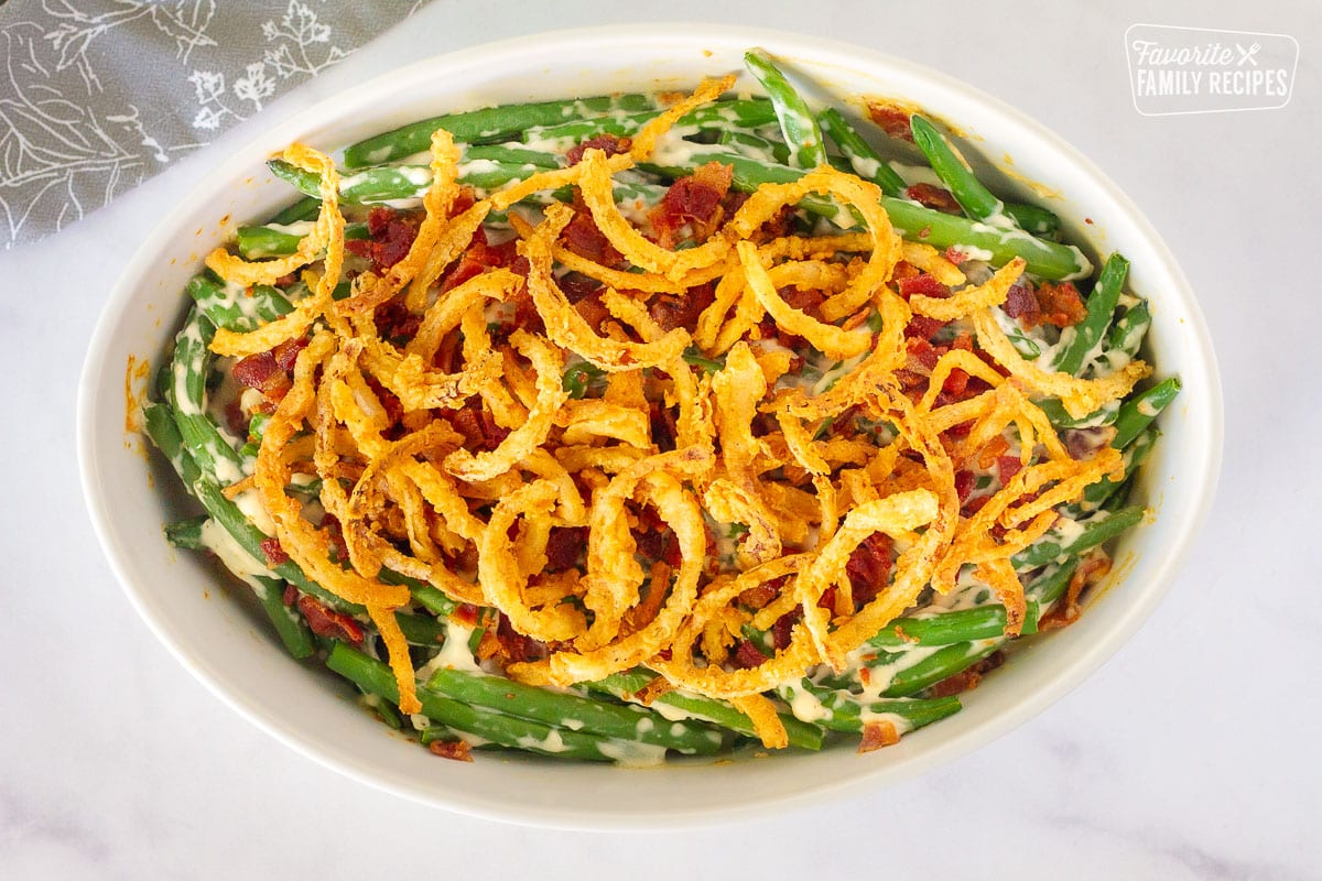 Baked Green Bean Casserole in a dish.