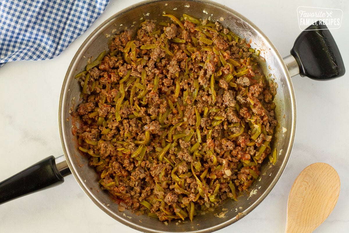 Beef mixture in a skillet to make Easy Shepherd's Pie.