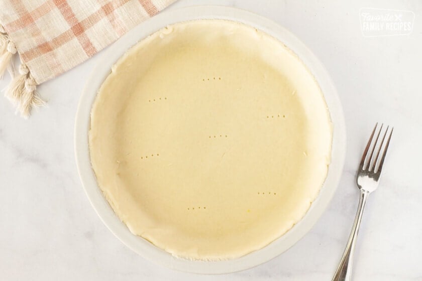 Bottom crust with fork holes for Easy Turkey Pot Pie.