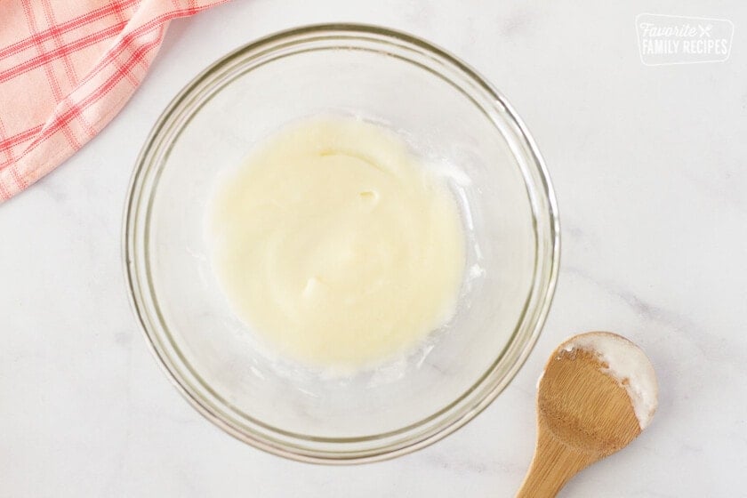 Bowl of butter and Caro syrup mixture to make Chocolate Covered Cherries.