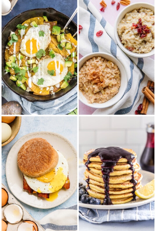 Collage of Breakfast Ideas including, chilaquiles, oatmeal, egg McMuffin, and blueberry pancakes
