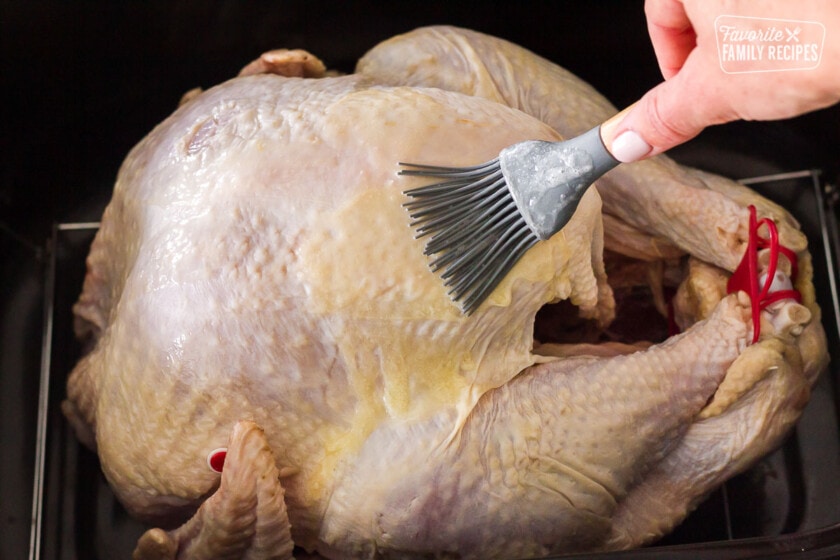 Hand brushing butter on turkey for How to Cook a Turkey Instructions.