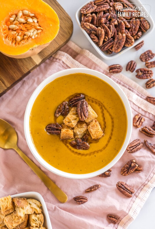 Butternut squash soup with pecans and croutons.