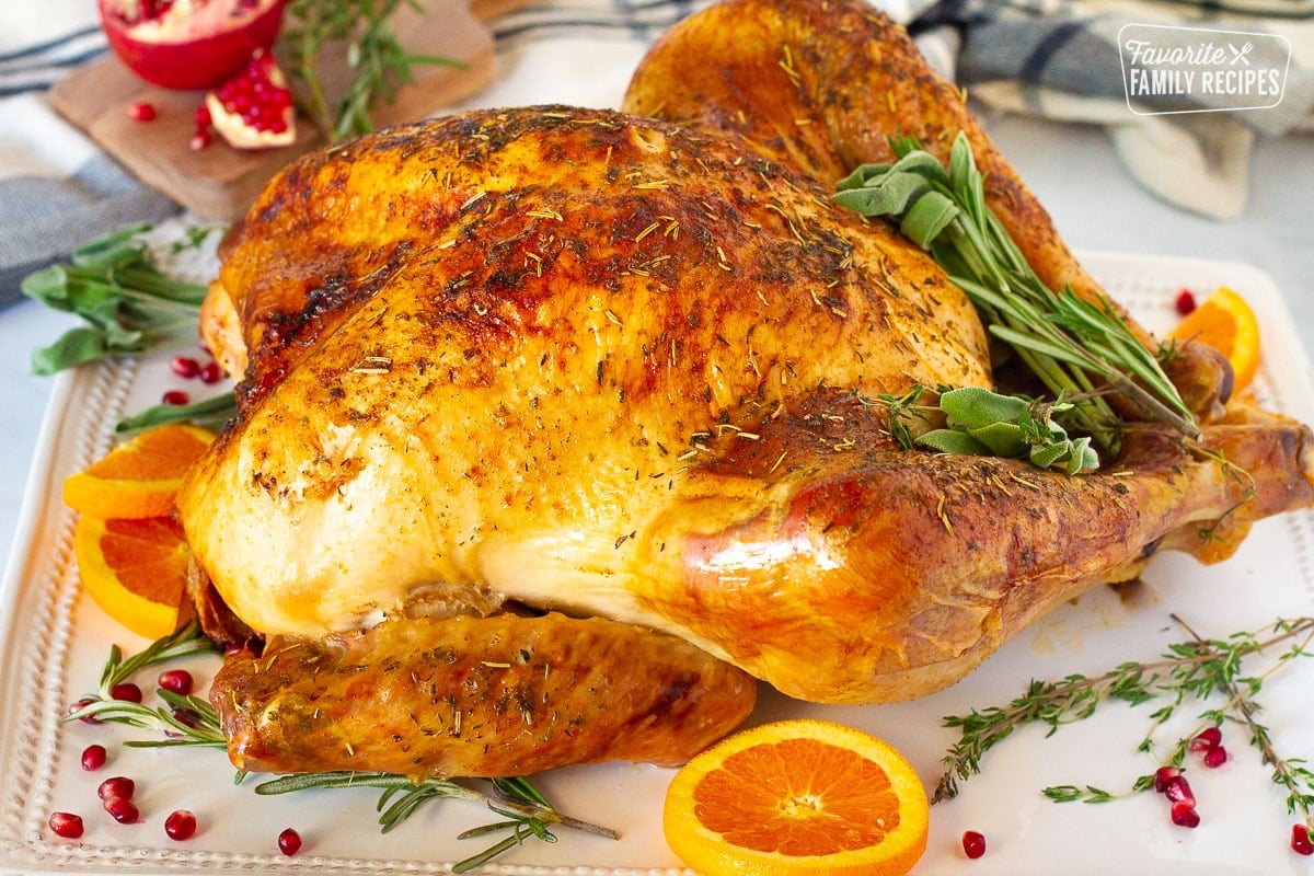 Close up of full turkey on a serving tray for How to Cook a Turkey.