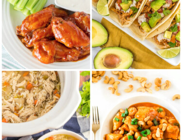 Collage of Crockpot Chicken recipes including hot wings, tacos, chicken and rice soup, and cashew chicken