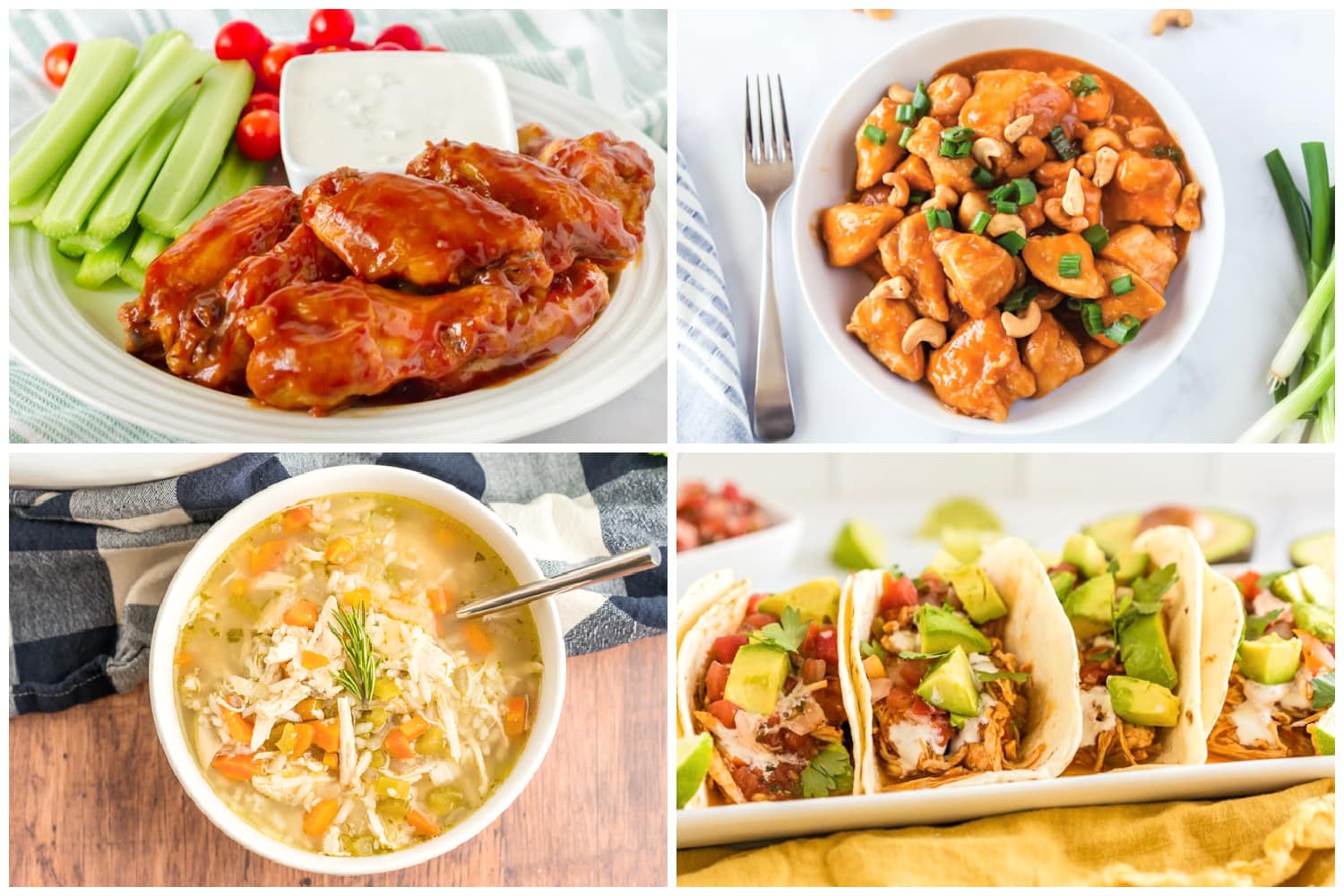 Collage of Crockpot Chicken recipes including hot wings, chicken tacos, chicken and rice soup, and cashew chicken.