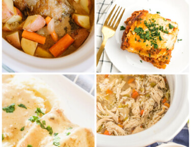 Portrait collage of crockpot meals including lasagna, chicken soup, pork chops, and beef roast