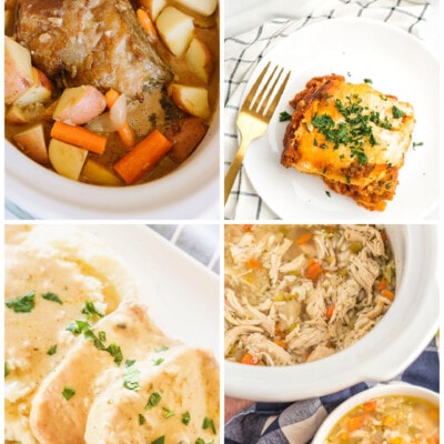 Portrait collage of crockpot meals including lasagna, chicken soup, pork chops, and beef roast