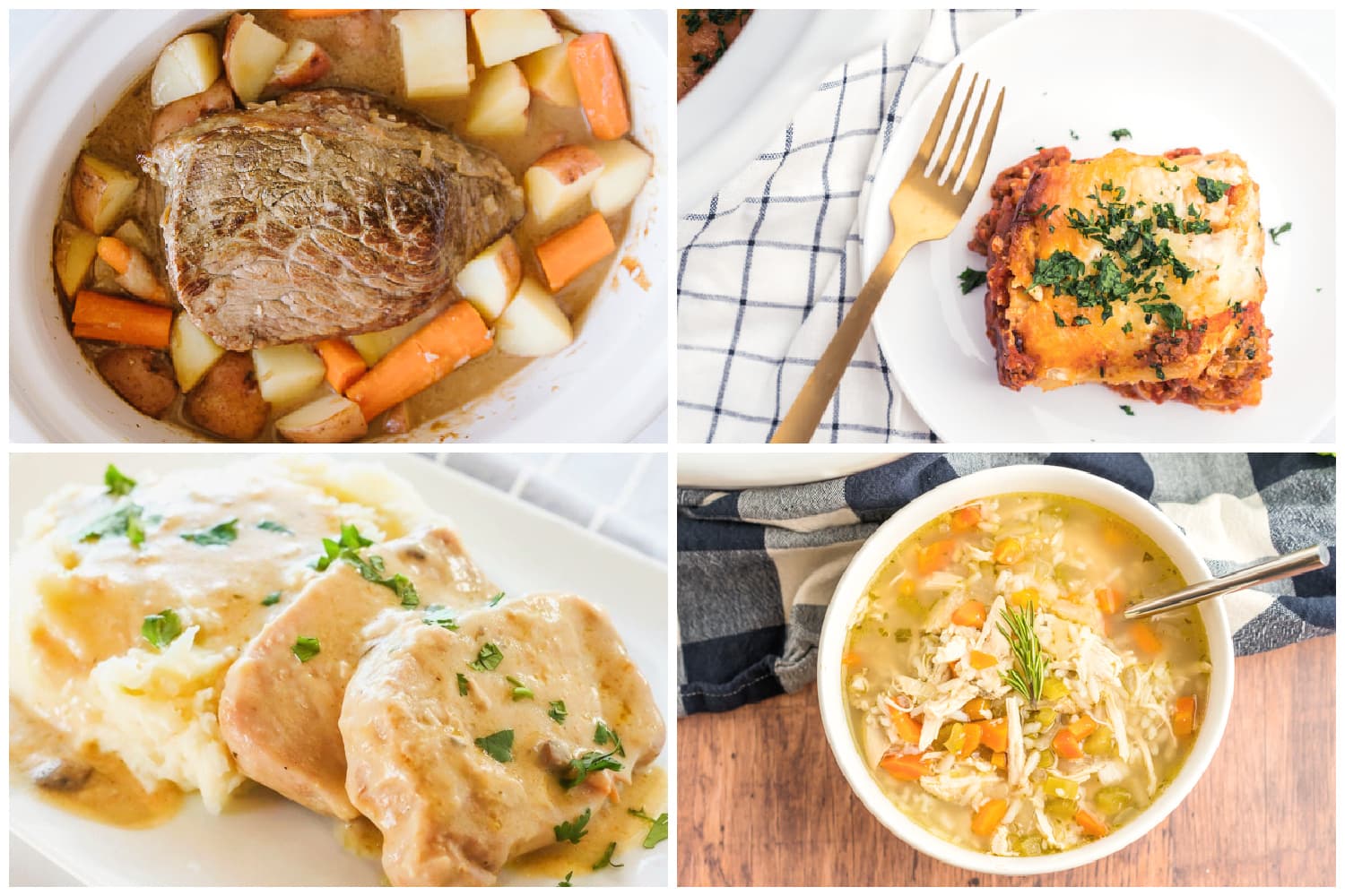 Collage of crockpot meals including lasagna, chicken soup, pork chops, and beef roast.