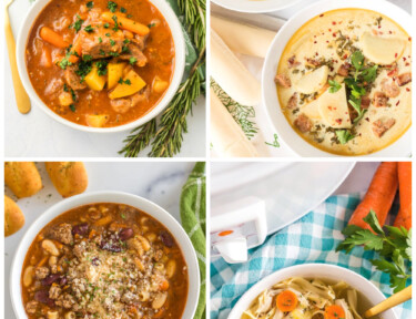 Collage of Crockpot Soups including beef stew, Zuppa Toscana,Pasta e Fagioli, and chicken noodle