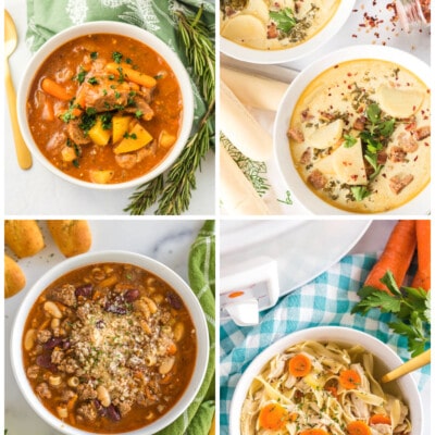 Collage of Crockpot Soups including beef stew, Zuppa Toscana,Pasta e Fagioli, and chicken noodle