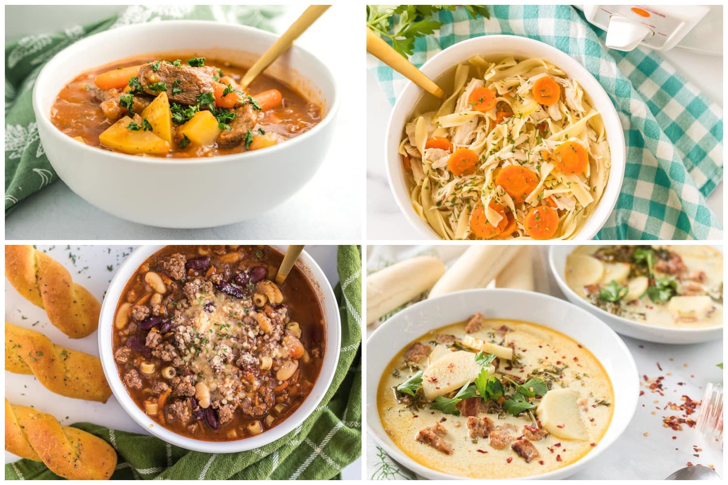 Wide collage of Crockpot Soups including beef stew, Zuppa Toscana,Pasta e Fagioli, and chicken noodle.