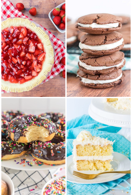 Collage of Desserts including Coconut Cake, Strawberry Pie, Donuts, and Oreo Cookies