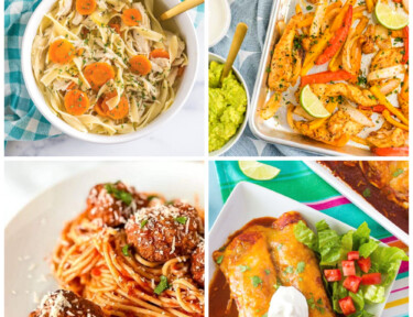 Collage of Dinner Ideas including chicken noodle soup, sheet pan fajitas, instant pot meatballs, and homemade enchiladas