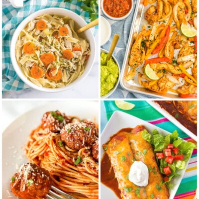Collage of Dinner Ideas including chicken noodle soup, sheet pan fajitas, instant pot meatballs, and homemade enchiladas