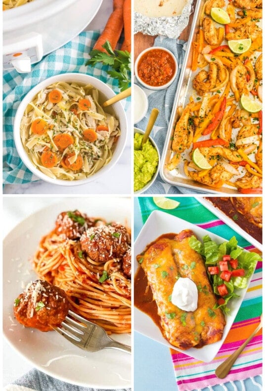 Collage of Dinner Ideas including chicken noodle soup, sheet pan fajitas, instant pot meatballs, and homemade enchiladas