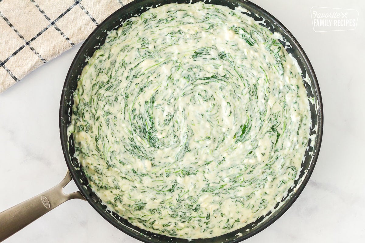 Pan of finished Creamed Spinach.