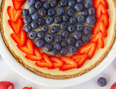 Full view of the top of a fruit decorated cheesecake.