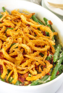 Side view of Green Bean Casserole in a serving dish.