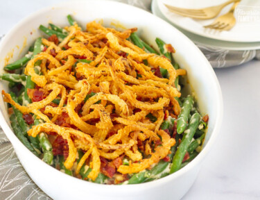 Side view of Green Bean Casserole in a serving dish.