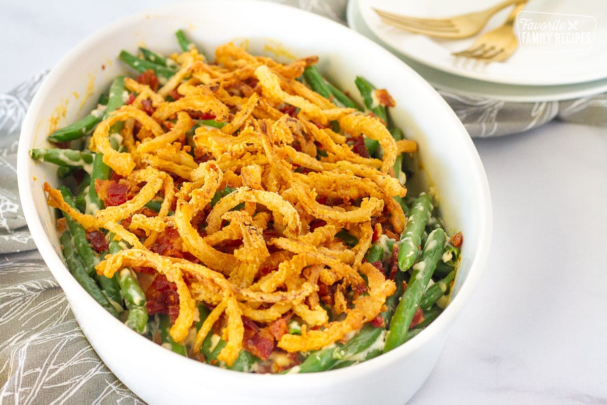 Side view of Green Bean Casserole in a serving dish.