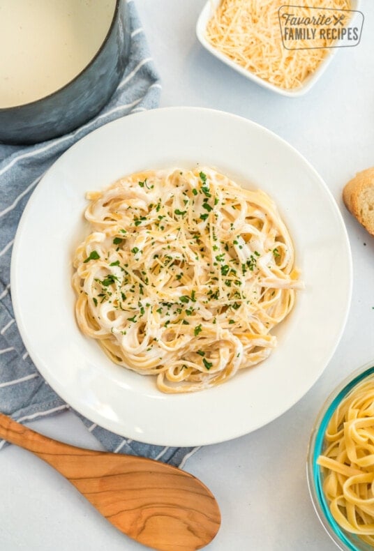 A plate of Fettuccine Alfredo with homemade Alfredo sauce