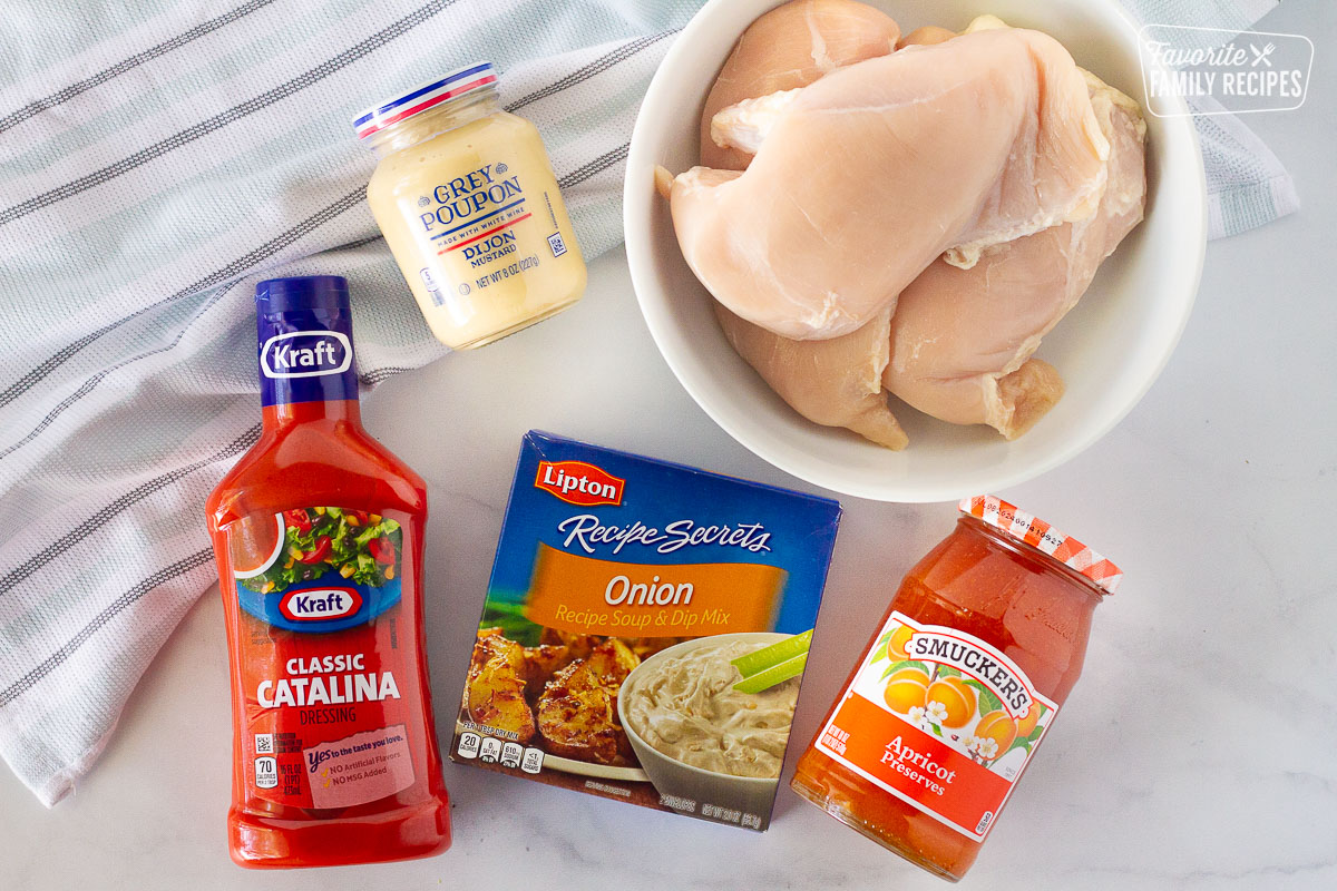 Catalina dressing, dijon mustard, onion soup mix, apricot preserves and chicken to make Instant Pot Apricot Chicken.