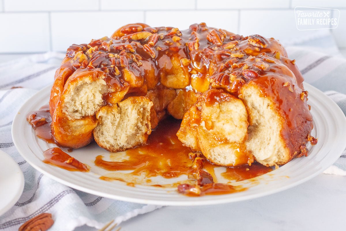 Easy Monkey Bread with butterscotch caramel and pecans on the plate.