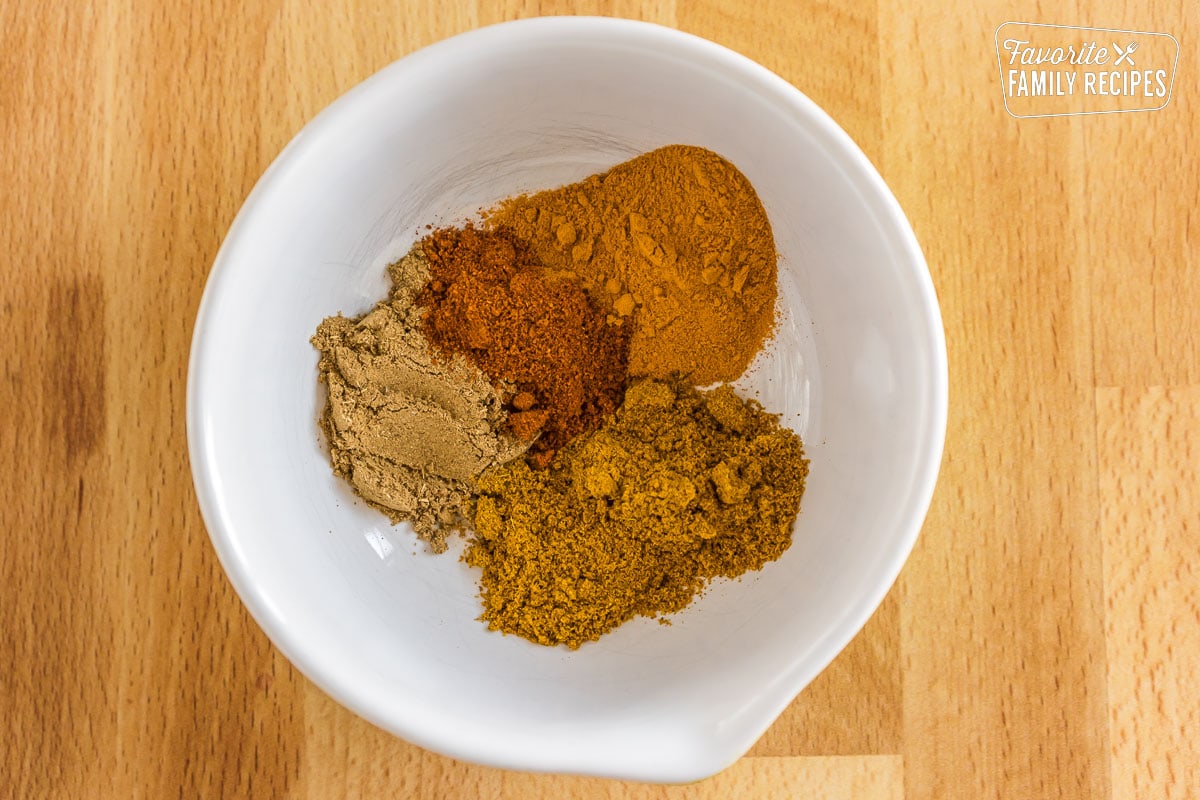 Cumin, curry powder, garam masala, and turmeric in a bowl.