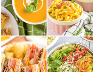 Collage of lunch Ideas including tomato soup, macaroni and cheese, club sandwich, and pork salad