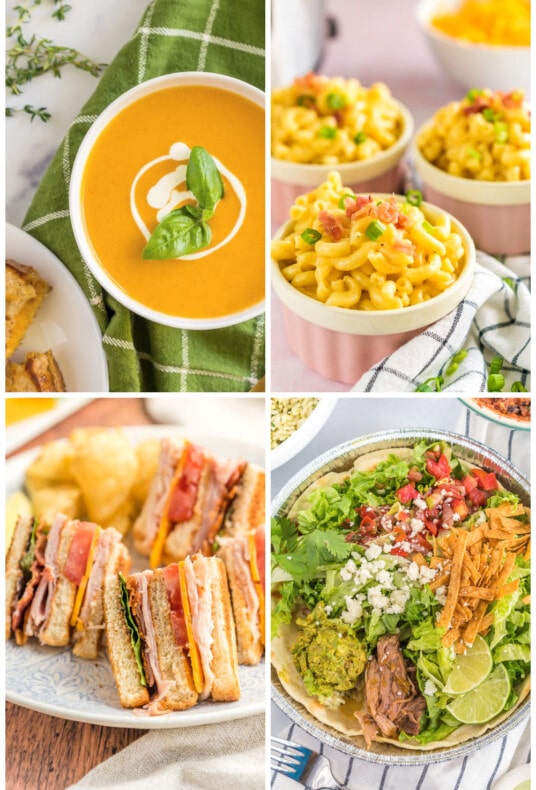 Collage of lunch Ideas including tomato soup, macaroni and cheese, club sandwich, and pork salad