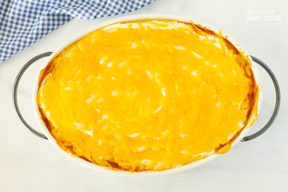 Baked Easy Shepherd's Pie topped with melted cheddar cheese.