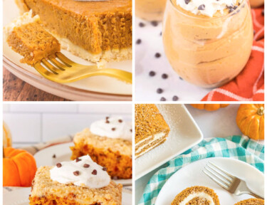Collage of Pumpkin desserts including pumpkin pie, pumpkin mousse, pumpkin cake, and a pumpkin roll