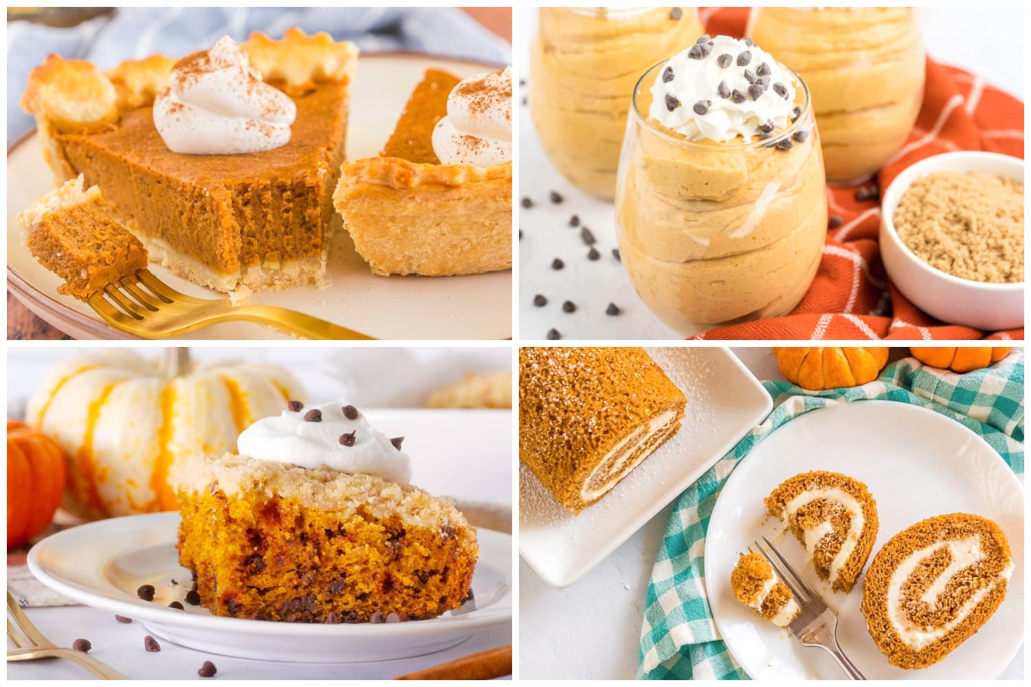 Collage of Pumpkin desserts including pumpkin pie, pumpkin mousse, pumpkin cake, and a pumpkin roll.